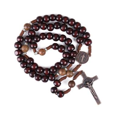 Imagem de Nazareth Store Rosário católico feito à mão de madeira maciça oliva e vermelho escuro com medalha de cobre antigo e presente de guerreiro espiritual crucifixo para homens, 20.6", Madeira, Sem Pedra