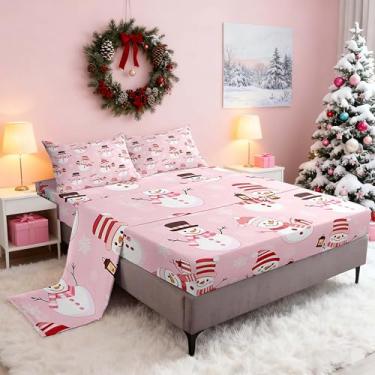 Imagem de Feelyou Jogo de lençol solteiro para meninas, rosa, boneco de neve, boneco de neve, lençol com elástico alto, para crianças, meninos, meninas, lençol com elástico alto, respirável, macio e leve de