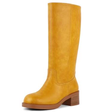 Imagem de FancyQueen Botas de cano alto femininas, bico quadrado, cano alto, salto grosso, salto baixo, calçado moderno para uso casual, campus, festa, shows de campo, outono e equitação, Amarelo banana, 42
