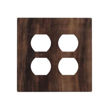 Imagem de Vghoko Placas decorativas para interruptores rústicos para porta de celeiro de madeira marrom para casa de fazenda, 2 capas de tomadas, placa dupla dupla para interruptor de luz, placa de parede Gfci