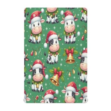 Imagem de Qilmy Lençóis de berço de vacas natalinas, macio, respirável, de microfibra elástica, lençol com elástico para meninos e meninas, mini berço, 99 cm x 68,5 cm, capa de colchão infantil portátil