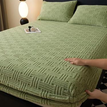 Imagem de Capa protetora de colchão de veludo macio engrossado com bolso profundo de 30,5 cm à prova de poeira, lençol de elástico respirável antiderrapante para solteiro/casal/queen/king size verde||200 x 220