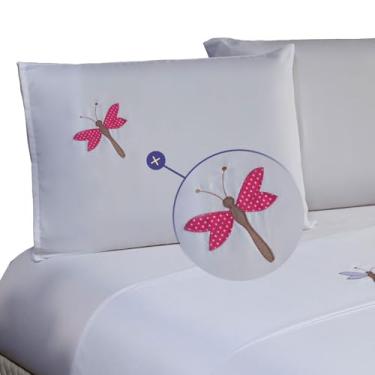 Imagem de Jogo de Cama Queen 4 Peças, Bordado Libélula, Poliéster, Liso, Não Amassa, Contemporâneo, Inclui Lençol de Cima, Lençol de Baixo com Elástico e 2 Fronhas