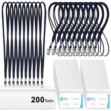 Imagem de Marspark 200 conjuntos de etiquetas de nome transparentes com cordão, cordões para crachás de identificação, alça reutilizável com suporte de identidade, crachás de nome de plástico para adultos