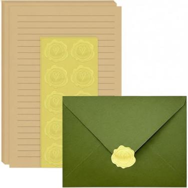 Imagem de Conjunto de papelaria, envelopes de carta e envelopes 10 x 15 cm, 28 papéis de papelaria com 14 envelopes correspondentes (verde oliva)