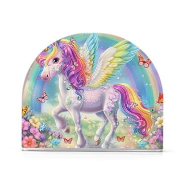 Imagem de Lindo porta-guardanapos de unicórnio arco-íris, suporte de guardanapo de acrílico para tecido de coquetel, suporte de guardanapo vertical para organizar papel de cozinha