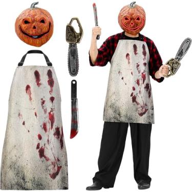 Imagem de Skicuff Conjunto de 4 peças de fantasias de açougueiro de Halloween com máscara de cabeça de abóbora, avental de açougueiro, motosserra, facão, cutelo para cosplay (estilo clássico)