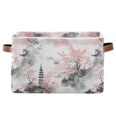 Imagem de Caixa de armazenamento de 36 cm com alças – caixas de armazenamento decorativas retangulares de tecido para escritório em casa, quarto, pagode em aquarela, rosa, floral, 1 pacote