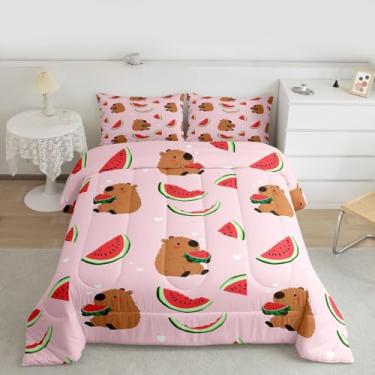 Imagem de Feelyou Lindo conjunto de edredom de capivara, solteiro, kawaii, capivara, verão, melancia, para quarto de crianças, meninos, meninas, decoração rosa, microfibra ultramacia e respirável