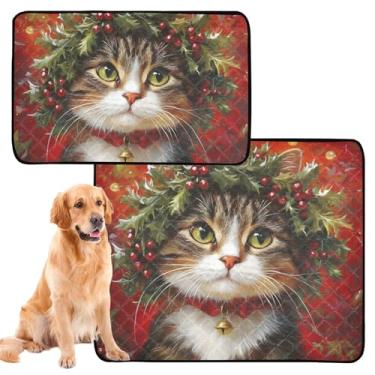 Imagem de TSENQUE Guirlanda de azevinho para gatos de Natal almofada reutilizável lavável para animais de estimação tapete impermeável para gaiola de cachorro, tapete absorvente, médio + grande, conjunto de 2