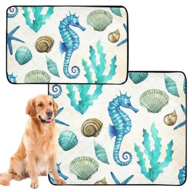 Imagem de Tapetes laváveis para animais de estimação, à prova d'água, tapete de cercadinho de cachorro vintage azul com conchas de cavalo-marinho para animais de estimação, extra grande, absorvente para cães