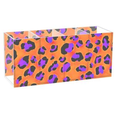 Imagem de TSENQUE Porta-lápis fofo roxo leopardo laranja para mesa com estampa de animais, suporte de pincel de acrílico para caneta