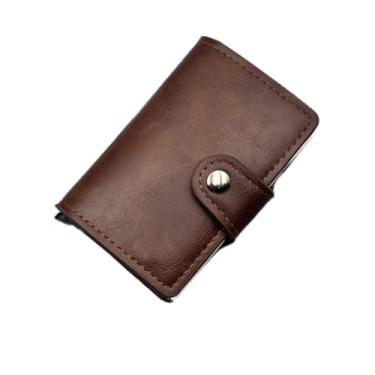 Imagem de Porta-cartão, porta-cartão de crédito masculino, estojo fino para cartão frontal antifurto RFID pop-up automático, carteiras finas de viagem para homens, Marrom escuro