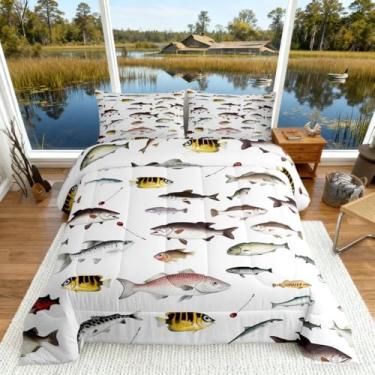 Imagem de jejeloiu Conjunto de edredom de pesca, vintage, para crianças, meninos, meninas, pesca e caça, decoração de quarto, microfibra branca pura, 3 peças com 2 fronhas