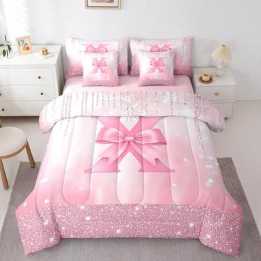 Imagem de Feelyou Conjunto de cama solteiro com laço rosa para meninos e meninas, tamanho solteiro, com inicial X 7 peças, conjunto de edredom princesa com glitter, laço infantil, monograma, para decoração de
