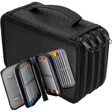 Imagem de Estojo de lápis Oxford de grande capacidade, quatro camadas, 72 compartimentos, bolsa organizadora de lápis de cor, porta-lápis portátil com alça (PRETO)