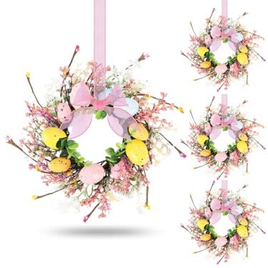 Imagem de 4 anéis de vela de ovo de Páscoa, guirlandas, mini guirlanda artificial de primavera de ovo de páscoa para pendurar na porta da frente, guirlanda de armário de cozinha com fita para decoração de