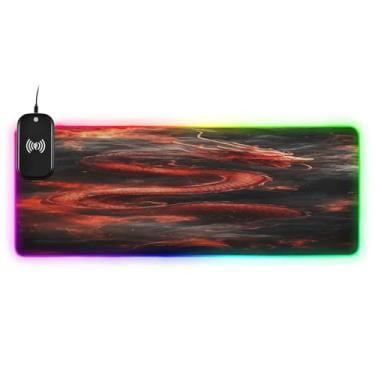 Imagem de CEBUGI Mouse pad de carregamento sem fio dragão chinês vermelho 15 W rápido para jogos com 14 iluminação LED RGB para jogos, PC, laptop, mesa 80 x 30 cm