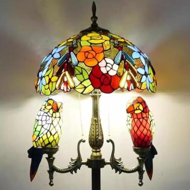 Imagem de Luminária de chão Tiffany com decoração natalina, libélula, papagaio, rosa e uva [5 lâmpadas][40,6 cm L x 165,1 cm A] Luminária de leitura de vitral para sala de estar, quarto, escritório ou