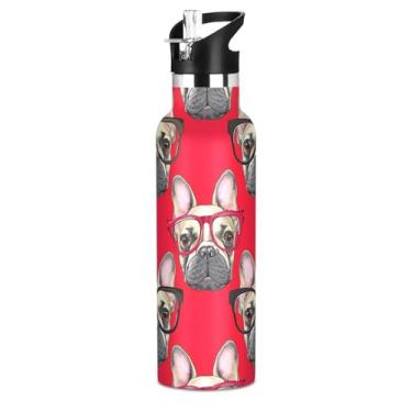 Imagem de Bulldogs Garrafa de água de animal vermelho vibrante para adolescentes e meninas, garrafas de água isoladas a vácuo, copos infantis de aço inoxidável com tampa de canudo para bebidas quentes ou frias