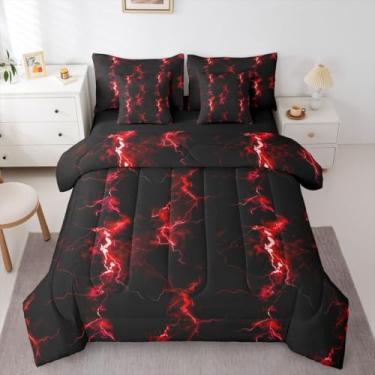 Imagem de Erosebridal Conjunto de edredom Queen com luz neon preto e vermelho para adolescentes | Conjunto de cama com estampa de relâmpago ombré em uma bolsa, arte moderna