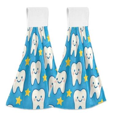 Imagem de Joitme Cute Tooth Stars Toalhas de mão penduradas azuis com laço pacote com 2, panos de prato macios de lã coral absorvente para cozinha e banheiro com fita mágica para pia de bar de forno