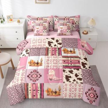 Imagem de Conjunto de edredom feminino geométrico ocidental com lençol com estampa de vaqueira rosa e oeste, 7 peças, leopardo, guepardo, vaca em uma bolsa, moderno, estilo fazenda, estilo fazenda, conjunto de