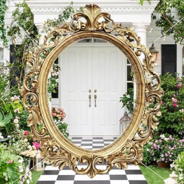 Imagem de Decoração de festa de chá cenário de fotografia com tema de espelho dourado adereços de cabine de fotos para pendurar fundo para chá de bebê, aniversário, férias, jardim, quintal, parque, lembrancinha