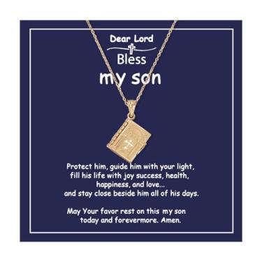 Imagem de 72ore Colar To My Son from Dad Mom Book Necklace Gold Cross Holy Bible Book Pendant Colares para homens Joias de aniversário de aniversário de volta às aulas presentes para filho, Sem Pedra Preciosa