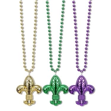 Imagem de Threetols 12 colares de contas de carnaval para homens e mulheres, ouro roxo verde Mardi Gras flor de Lis colar de contas para baile de máscaras de Nova Orleans suprimentos de festa de carnaval