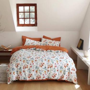 Imagem de honey qiao Conjunto de cama de solteiro, botânico, laranja, sálvia, floral, estampa de jardim, 3 peças, respirável, laranja, floral, conjunto de edredom