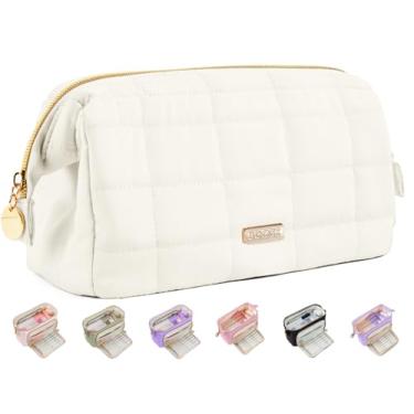 Imagem de Sooez Estojo de lápis grande, bolsa de lápis macia com zíper, bolsa de caneta com abertura ampla, estojo de lápis fofo de material escolar para meninas, meninos, homens, mulheres, bege