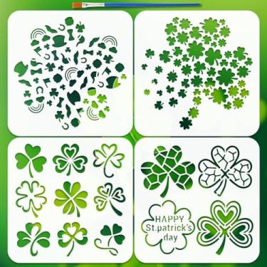 Imagem de FINGERINSPIRE 4 peças de estênceis de trevo com 1 pincel de 20 x 20 cm, 4 estilos, estampa de trevo de quatro folhas, modelo de estêncil de decoração do dia de São Patrício para pintura em móveis de
