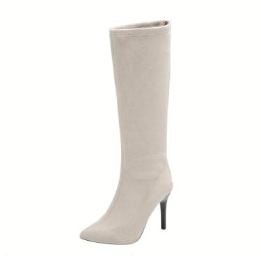 Imagem de Botas de cano alto femininas casuais estilo inverno bico fino com zíper traseiro e design fino de salto alto reto na panturrilha, Bege, 35