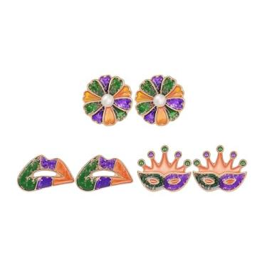Imagem de Conjunto de 3 pares de brincos de carnaval para mulheres, conjunto de 3 pares compactos delicados de máscara esmaltada, chapéu de carnaval, conjunto de brincos com tema de carnaval, verde e roxo, joia