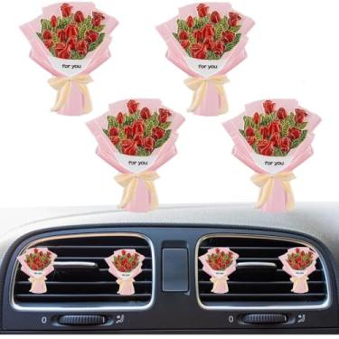 Imagem de 4 peças mini buquê de flores secas artificiais aromatizador de ar de carro, clipe de ventilação de carro decoração de interiores de carro, acessórios de ventilação para meninas e mulheres (rosa)