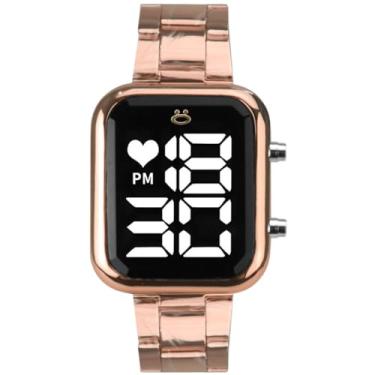 Imagem de Relógio Feminino Digital Quadrado Rosê em Aço Inox com Pulseira Delicada Kit Presente Elegante