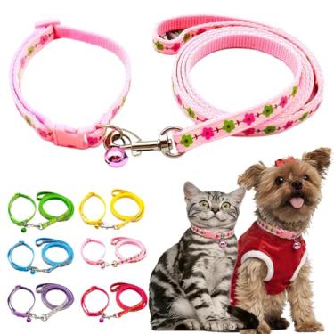 Imagem de Coleira de gatinho rosa com conjunto de sino e trela, coleiras de nylon para filhotes de cachorro XXS XS pequenos cães areia gato pequeno animal de estimação