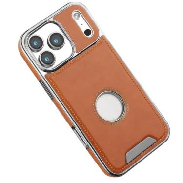 Imagem de Capa magnética para iPhone 17/17 Air/17 Pro/17 Pro Max, vista de logotipo, estilo empresarial, coldre fino, capa de couro antiqueda (latão, 17 Pro Max)