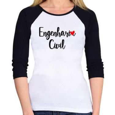 Imagem de Baby Look Raglan Engenharia Civil Manga 3/4 - Foca na Moda, Branco, Pr