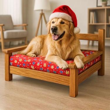 Imagem de Cama para Cachorro em Madeira Maciça Pinus | Caminha Sofá para Pet com Almofada Lavável – Confortável e Durável(Grande)