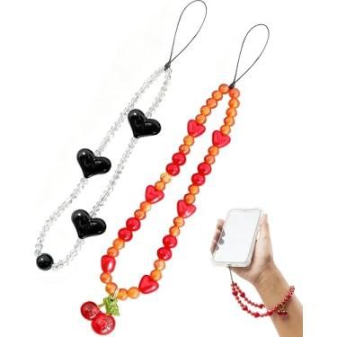 Imagem de YJUBAOA 2 pulseiras para celular com contas de cereja e pérolas, pulseira destacável para celular com aba de amarração, pulseira universal para celular viva-voz para chaves de celular AirPods (estilo