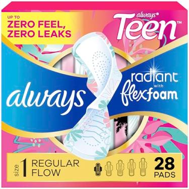 Imagem de Always Absorventes Radiant FlexFoam para adolescentes com absorção regular, proteção 100% livre de vazamento, com asas, sem perfume, 28 unidades