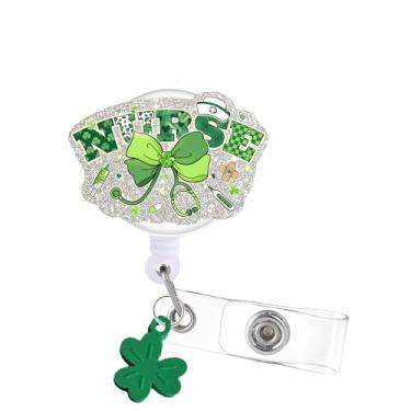 Imagem de Tian Zhun Carretel de crachá de dia de São Patrício retrátil com clipe de jacaré, pingente de trevo, acessório de crachá de acrílico para enfermeiras RN CNA NICU consultório médico