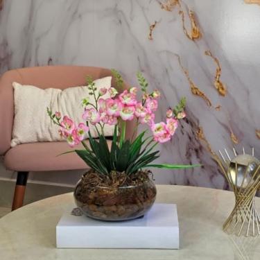 Imagem de Arranjo Flores Artificiais Orquídeas Vaso de Vidro,Sem Manutenção, Durável, Realista,Decora Sala & Escritório para Amantes de Decoração(Rosa)