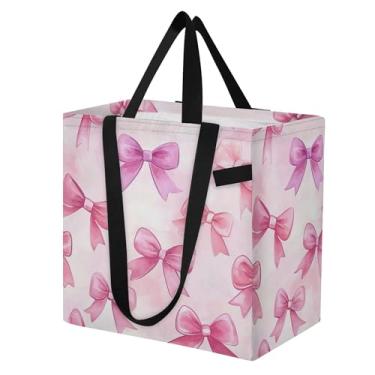 Imagem de SEHANY Sacolas de compras reutilizáveis com laço rosa fofo com alças reforçadas, bolsa de compras de lona dobrável à prova d'água de grande capacidade para viagem, cozinha, praia