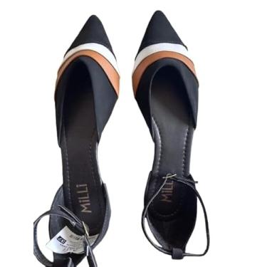 Imagem de Sapatilha Bico Fino, Casual Confortável Fashion Macia Sapatilha Aberta Atrás (Preta com uma faixa caramelo e branca, BR, Adulto, Numérico, M, 37)