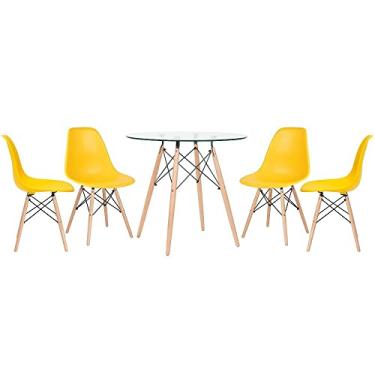 Imagem de Loft7, Kit - Mesa redonda de vidro Eames 80 cm + 4 cadeiras Eiffel Dsw amarelo