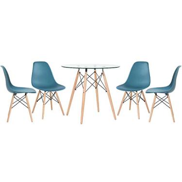 Imagem de Loft7, KIT - Mesa redonda de vidro Eames 80 cm + 4 cadeiras Eiffel DSW turquesa