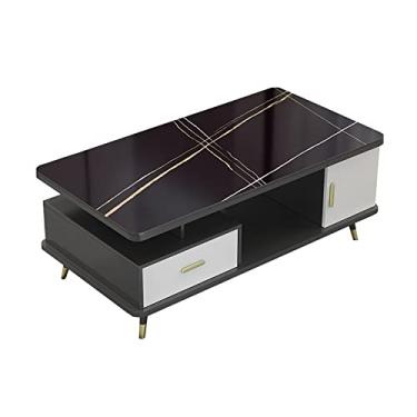 Imagem de U5GAAALPPQ9 Mesa de centro de sala de estar de madeira grossa e vidro grosso com espaço de armazenamento fechado e não fechado, mármore branco e preto (preto)